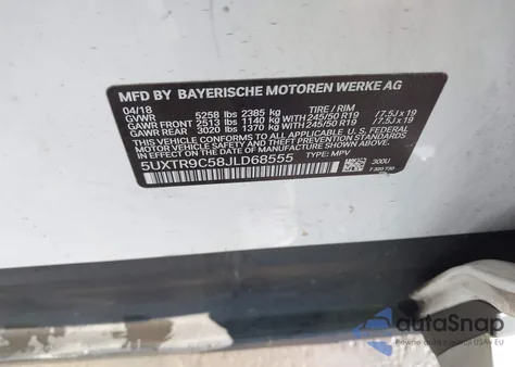 2018 BMW X3 xDrive30I z USA, uszkodzony, nr VIN 5UXTR9C58JLD68555